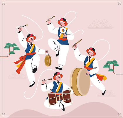 전통 옷 문화 예술 악기 음악 포즈 일러스트 한국 국악 사람 여러명 축제 공연 댄서 춤 한복 사물놀이 즐거움 전통무용 리듬 국내일러스트 AI파일 직업 한국전통 감정 아시아 다수 문화예술 이벤트 전통놀이 전통의상 전통공연 파일형식 벡터 나라 놀이
