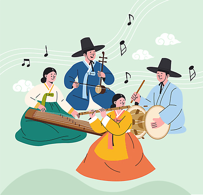 전통 문화 예술 악기 음악 연주 일러스트 놀이 한국 국악 사람 공연 무대 한복 즐거움 장구 민속 가야금 음악회 해금 대금 국내일러스트 AI파일 한국전통 감정 아시아 현악기 문화예술 타악기 국악기 이벤트 전통의상 목관악기 파일형식 벡터 나라 관악기