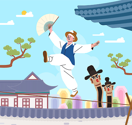 나무 옷 남자 문화 예술 선 줄 일러스트 하늘 국악 사람 풍경 건물 햇빛 축제 공연 춤 한복 즐거움 외줄타기 국내일러스트 AI파일 식물 한국전통 전통 건축물 감정 음악 문화예술 이벤트 빛 묘기 전통의상 줄타기 파일형식 벡터 건축 한국 아시아 나라