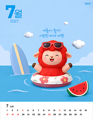 PSD 편집이미지 캐릭터 바다 여행 휴가 물 여름 수영 달력 양 서핑보드 놀이기구 튜브 7월 이미지편집 정미년 붉은양 붉은양캐릭터 자연요소 계절 동물캐릭터 포유류 수상스포츠 보드 날짜 파일형식 2027년 동물 스포츠 연도
