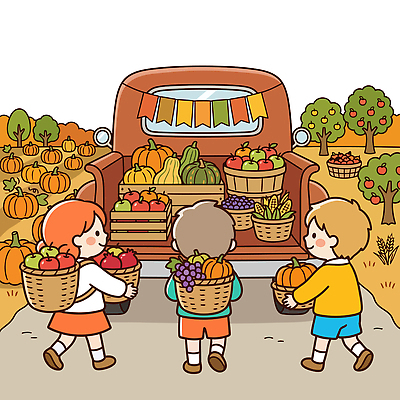 나무 어린이 채소 과일 일러스트 호박 포도 옥수수 들기 친구 농장 바구니 트럭 수확 가을 운반 사과 배송 수확철 국내일러스트 AI파일 식물 계절 농업 관계 모션 자동차 곡류 사람 파일형식 벡터 산업 육상교통 교통수단 교통