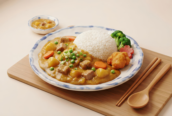 JPG 편집이미지 밥 반찬 감자 육류 요리 식사 당근 맛 완두콩 카레라이스 일본음식 이미지편집 AI컴퓨터그래픽 AI콘텐츠 음식 컨셉 채소 식재료 콩 뿌리채소 카레 파일형식 곡류