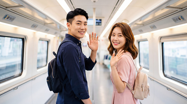 JPG 편집이미지 손 여자 남자 교통수단 여행 이동 대중교통 웃음 친구 만남 인사 도시 복도 전철 모던 의료성형뷰티 편집실사 AI인물포토 AI콘텐츠 육상교통 교통 컨셉 관계 표정 사람 신체부위 예절 CG 파일형식 AI포토