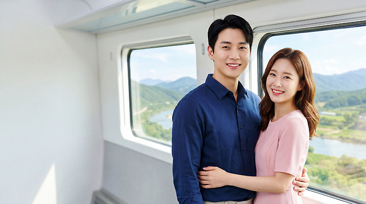JPG 편집이미지 커플 여행 포즈 이동 자연 산 한국 웃음 풍경 강 기차 즐거움 의료성형뷰티 편집실사 AI인물포토 AI콘텐츠 감정 아시아 육상교통 컨셉 관계 대중교통 표정 CG 생태계 파일형식 AI포토 나라 교통수단 교통