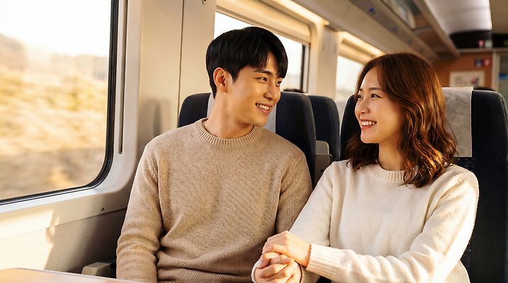 JPG 편집이미지 손 커플 여자 남자 감정 여행 대화 웃음 친구 만남 기차 편안함 창가 의료성형뷰티 편집실사 AI인물포토 AI콘텐츠 육상교통 컨셉 창문 관계 대중교통 표정 말하기 사람 신체부위 감각 CG 파일형식 AI포토 교통수단 모션 교통