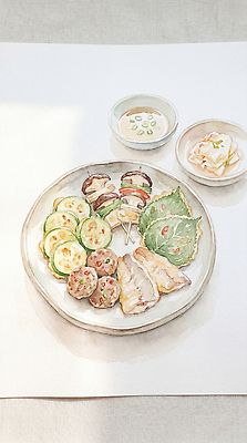 JPG 전통 접시 한식 음식 채소 일러스트 재료 반찬 수채화 육류 요리 식사 샐러드 소스 맛 저녁 준비 점심 국내일러스트 AI일러스트 AI콘텐츠 식기 컨셉 식재료 양념 밤 야간 파일형식 자연요소