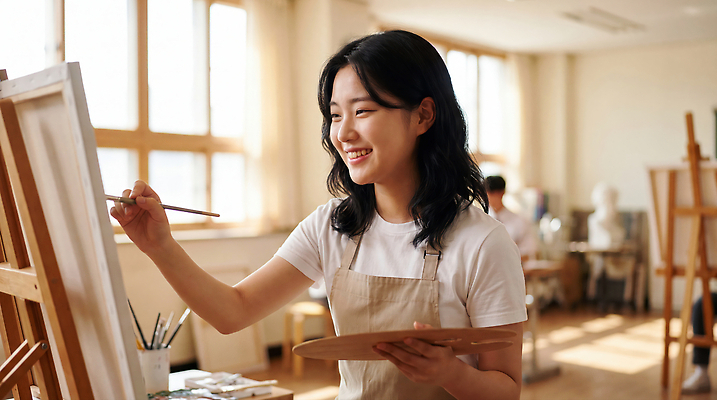 JPG 편집이미지 학생 여자 예술 재료 수업 도구 붓 작업 그리기 그림 예술가 캔버스 창작 의료성형뷰티 편집실사 AI인물포토 AI콘텐츠 교육 모션 사람 CG 파일형식 AI포토