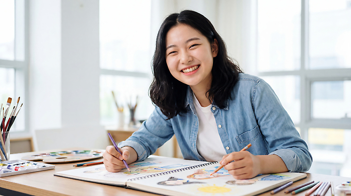 JPG 편집이미지 여자 예술 웃음 취미 물감 붓 작업실 스케치 집중 그림 그림책 창의성 의료성형뷰티 편집실사 AI인물포토 AI콘텐츠 컨셉 표정 미술 사람 책 미술도구 CG 파일형식 AI포토 문화예술 오브젝트