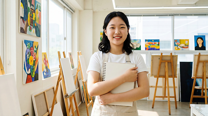 JPG 편집이미지 학생 여자 문화 예술 웃음 공간 편안함 스케치북 이젤 준비 그림 학원 창의성 창작 의료성형뷰티 편집실사 AI인물포토 AI콘텐츠 교육 학용품 표정 사람 미술도구 감각 CG 파일형식 AI포토 문구용품 오브젝트