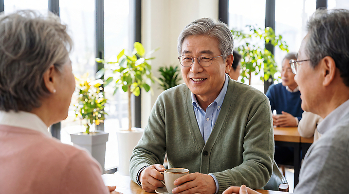 JPG 편집이미지 여자 노년 남자 커피 중년 대화 웃음 여러명 친구 공간 카페 모임 즐거움 오후 의료성형뷰티 편집실사 AI인물포토 AI콘텐츠 감정 음료 다수 관계 표정 말하기 사람 성인 상점 CG 파일형식 AI포토 모션