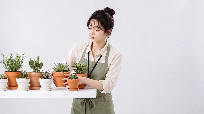 JPG 식물 편집이미지 화분 탁자 조명 선인장 실내 사람 취미 인테리어 원예 정리 다육식물 의료성형뷰티 편집실사 AI인물포토 AI콘텐츠 디자인 가구 내부 CG 파일형식 AI포토 생활용품 오브젝트