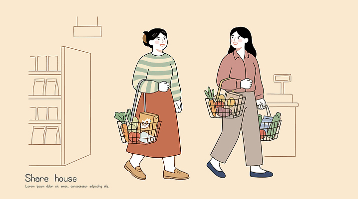 여자 음식 채소 과일 일러스트 두명 일상 생활 친구 쇼핑 장보기 쇼핑백 상점 시장 소비 구매 장바구니 마트 동행 친목 국내일러스트 AI파일 가방 관계 사람 라이프 바구니 파일형식 벡터 잡화