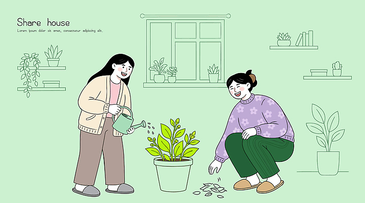 식물 화분 화초 일러스트 창문 자연 집안 주택 실내 대화 웃음 일상 생활 친구 산책 공간 물주기 원예 소통 국내일러스트 AI파일 컨셉 관계 모션 휴식 표정 말하기 취미 내부 건물 라이프 생태계 파일형식 벡터 건축물 건축