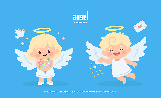 캐릭터 디자인 행복 꽃다발 하늘색 날개 일러스트 동화 천사 사랑 미소 웃음 귀여움 기쁨 아기 편지 조화 국내일러스트 AI파일 꽃 감정 컨셉 표정 사람 파란색 파일형식 벡터 식물 컬러