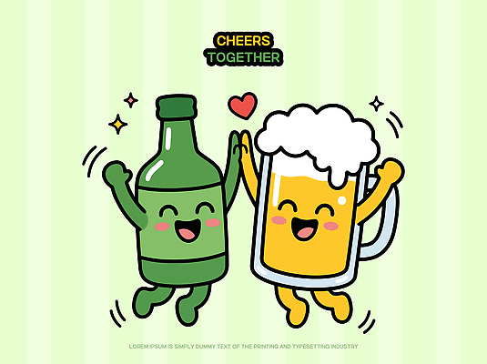 캐릭터 일러스트 맥주 함께함 웃음 친구 파티 손잡기 기쁨 축하 즐거움 소주 술자리 홀리데이 일러캐릭터 AI파일 감정 컨셉 관계 모션 휴가 주류 표정 이벤트 파일형식 벡터 음료