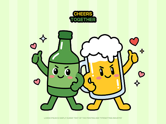 캐릭터 감정 일러스트 맥주 미소 연두색 친구 귀여움 만남 즐거움 긍정 맥주잔 개성 소주 소주병 소통 일러캐릭터 AI파일 컨셉 술잔 관계 술병 주류 표정 초록색 파일형식 벡터 음료 컬러 병_용기 잔 식기