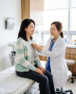 JPG 편집이미지 직업 여자 의학 청진기 건강 병원 대화 치료 진료 환자 의료진 의사 검사 상담 편집실사 AI인물포토 AI콘텐츠 의료기기 말하기 사람 CG 파일형식 AI포토 모션