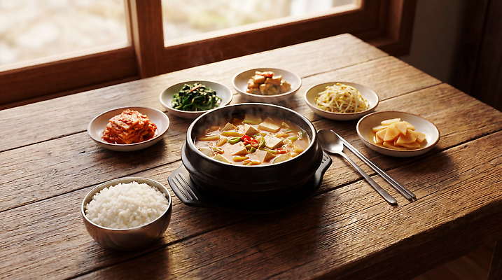 JPG 편집이미지 한식 식탁 반찬 김치 따뜻함 요리 식사 전 된장찌개 배추 시금치 쌀밥 숙주 편집실사 AI포토 AI콘텐츠 음식 채소 탁자 밥 찌개 CG 파일형식 가구 생활용품 오브젝트