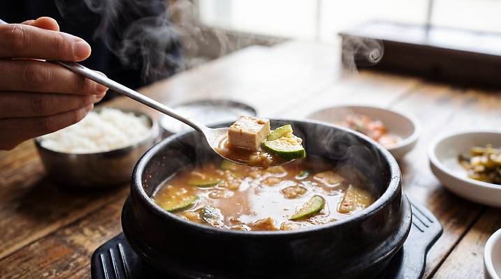 JPG 편집이미지 한식 음식 식탁 밥 반찬 요리 숟가락 식사 찌개 된장찌개 국물 맛집 편집실사 AI포토 AI콘텐츠 탁자 수저 CG 파일형식 식기 가구 생활용품 오브젝트