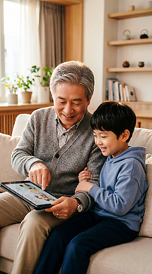 JPG 편집이미지 할아버지 포즈 가족 놀이 커뮤니케이션 손자 기술 사랑 웃음 소파 태블릿 즐거움 세대 의료성형뷰티 편집실사 AI인물포토 AI콘텐츠 노년 남자 감정 의자 관계 표정 전자제품 스마트기기 손주 CG 파일형식 AI포토 가구 사람 성인 생활용품 오브젝트