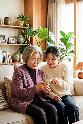 JPG 식물 편집이미지 할머니 가족 휴식 손녀 대화 웃음 책 스마트폰 소파 공간 즐거움 의료성형뷰티 편집실사 AI인물포토 AI콘텐츠 여자 노년 감정 컨셉 의자 관계 표정 말하기 핸드폰 스마트기기 손주 CG 파일형식 AI포토 가구 모션 사람 성인 전자제품 생활용품 오브젝트