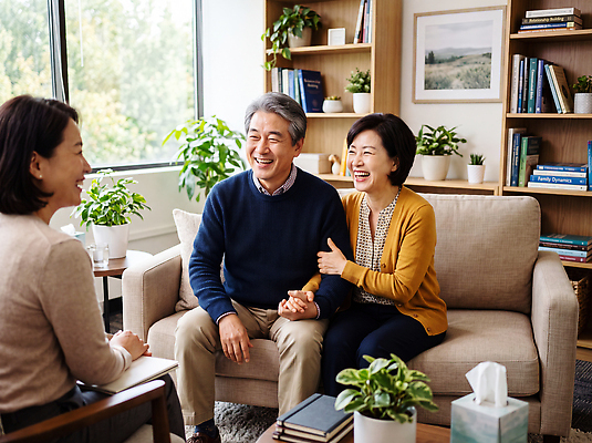 JPG 식물 편집이미지 부부 행복 실내 대화 웃음 상담원 연령 상담 소통 상담실 의료성형뷰티 편집실사 AI인물포토 AI콘텐츠 커플 감정 컨셉 표정 말하기 내부 사무원 CG 파일형식 AI포토 직업 관계 모션