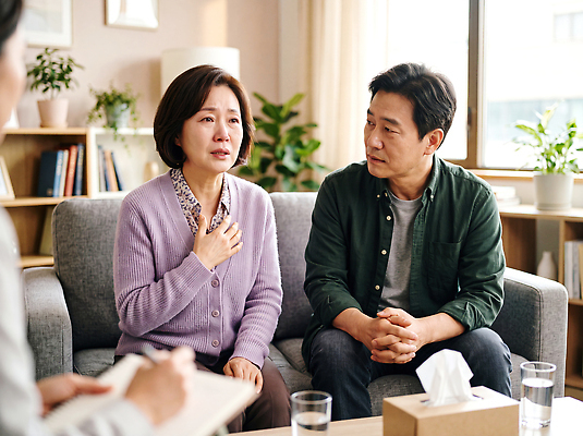 JPG 편집이미지 부부 시선 여자 남자 표정 이야기 대화 소파 방 듣기 메모지 상담원 고민 상담 의료성형뷰티 편집실사 AI인물포토 AI콘텐츠 커플 감정 의자 모션 말하기 사람 사무용품 사무원 CG 파일형식 AI포토 직업 가구 관계 문구용품 생활용품 오브젝트