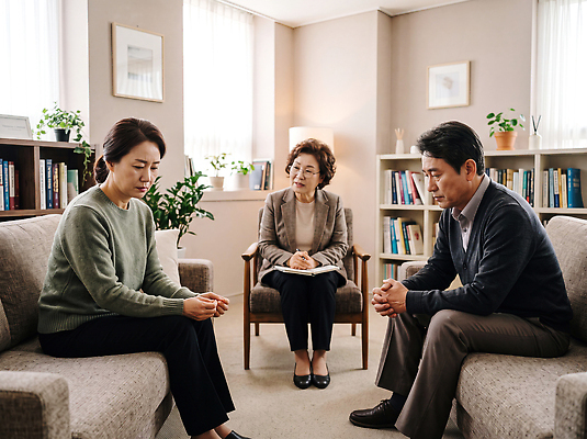 JPG 편집이미지 부부 생각 관계 회의 대화 치료 도움 전문직 상담 문제 갈등 심리 소통 상담실 의료성형뷰티 편집실사 AI인물포토 AI콘텐츠 직업 커플 컨셉 비즈니스 의학 말하기 CG 파일형식 AI포토 모션