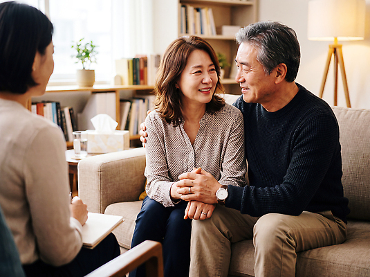 JPG 편집이미지 부부 응시 행복 관계 이야기 대화 웃음 치료 방 상담원 편안함 상담 소통 이해 의료성형뷰티 편집실사 AI인물포토 AI콘텐츠 커플 시선 감정 컨셉 의학 표정 말하기 사무원 감각 CG 파일형식 AI포토 직업 모션