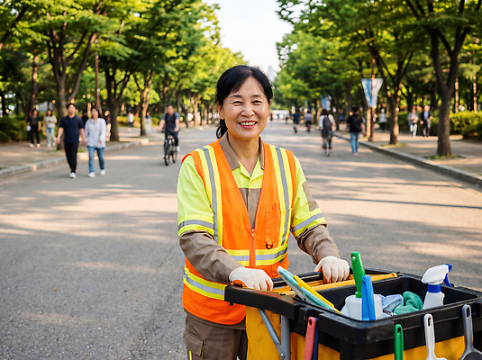 JPG 편집이미지 공원 도로 거리 풍경 여러명 걷기 자전거 청결 카트 도구 작업 청소 청소부 안전조끼 환경미화원 의료성형뷰티 편집실사 AI인물포토 AI콘텐츠 직업 공공시설 길 다수 교통시설 모션 사람 바이크 위생 CG 파일형식 AI포토 육상교통 교통 시설 교통수단