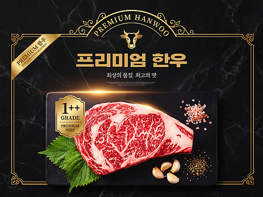 PSD 편집이미지 검은배경 마늘 고급 상품 한우 마블링 프리미엄 한우세트 이미지편집 컨셉 채소 검은색 소고기 파일형식 컬러 육류 식재료