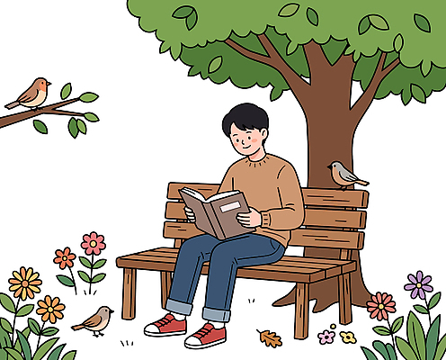 나무 남자 꽃 벤치 일러스트 자연 조류 휴식 앉기 책 독서 즐거움 국내일러스트 AI파일 식물 동물 감정 컨셉 의자 모션 사람 생태계 파일형식 벡터 가구 생활용품 오브젝트