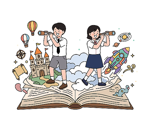 일러스트 상상 함께함 책 독서 우주 망원경 로켓 도전 성 모험가 즐거움 발견 창의력 국내일러스트 AI파일 건축물 감정 컨셉 파일형식 벡터 건축