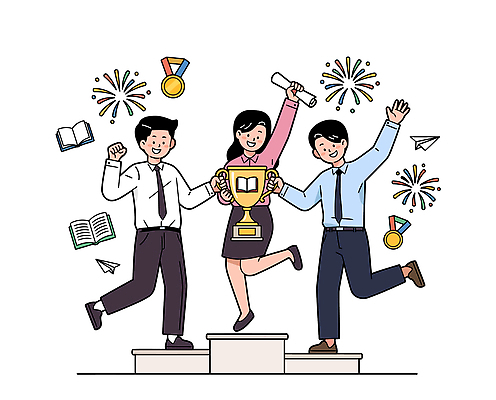 일러스트 성공 함께함 불꽃놀이 책 친구 기쁨 축하 그룹 트로피 메달 종이비행기 즐거움 시상대 국내일러스트 AI파일 감정 컨셉 관계 놀이 상 종이접기 파일형식 벡터 종이 상패 접기 모션 우승 최고