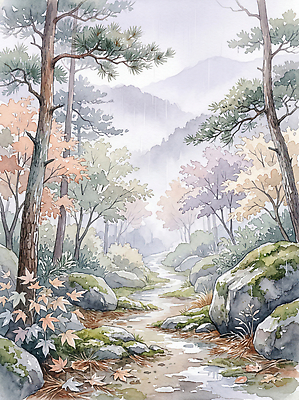 JPG 나무 잎 일러스트 자연 나뭇잎 산 풍경 고요 흐름 안개 가을 바위 비 개울 숲 국내일러스트 AI일러스트 AI콘텐츠 자연요소 식물 계절 컨셉 날씨 강 생태계 파일형식