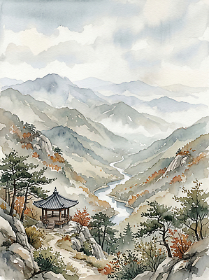 JPG 나무 여행 일러스트 자연 하늘 수채화 산 풍경 물 여름 강 계곡 바위 정자 풍경화 국내일러스트 AI일러스트 AI콘텐츠 자연요소 식물 계절 그림 생태계 파일형식