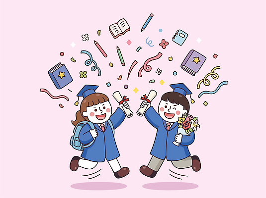 학생 꽃 일러스트 졸업 학교 함께함 졸업생 웃음 이벤트 장식 책 파란색 친구 연필 축제 기쁨 축하 가운 졸업장 국내일러스트 AI파일 식물 옷 교육 감정 컬러 컨셉 관계 학용품 표정 필기구 파일형식 벡터 문구용품 오브젝트