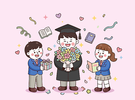 기념일 어린이 분홍색 꽃다발 일러스트 졸업 학교 졸업식 졸업생 사랑 소녀 소년 친구 기쁨 축하 기념품 국내일러스트 AI파일 여자 교육 남자 꽃 감정 컬러 컨셉 관계 사람 이벤트 오브젝트 파일형식 벡터 식물