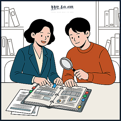 일러스트 대화 두명 책 금융 학습 사무실 독서 자료 정보 분석 투자 확대경 이해 조언 국내일러스트 AI파일 교육 컨셉 비즈니스 말하기 사람 경제 파일형식 벡터 모션