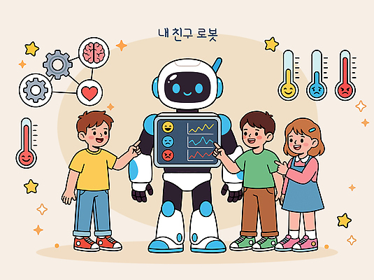 교육 어린이 과학 일러스트 기술 친구 학습 스크린 장비 체험 로봇 즐거움 호기심 신기함 놀기 창의력 상호작용 국내일러스트 AI파일 감정 컨셉 관계 모션 사람 파일형식 벡터