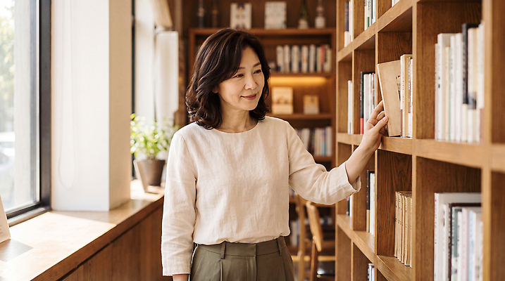 JPG 편집이미지 여자 중년 책장 책 독서 도서관 서재 편안함 창가 정리 의료성형뷰티 편집실사 교육 가구 창문 사람 성인 감각 CG 파일형식 생활용품 오브젝트