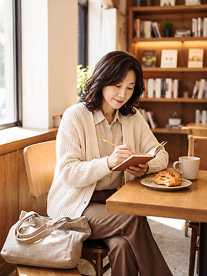 JPG 편집이미지 여자 중년 가방 창문 책 연필 카페 기록 일기 크루아상 의료성형뷰티 차분 편집실사 잡화 빵 컨셉 학용품 사람 성인 필기구 상점 CG 파일형식 음식 문구용품 오브젝트
