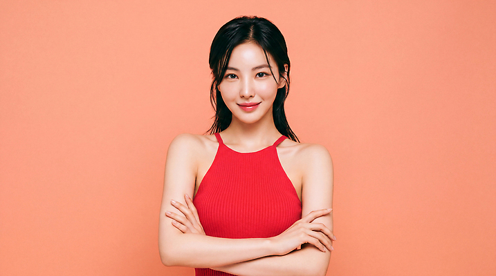 JPG 편집이미지 긴머리 옷 여자 패션 포즈 미소 빨간색 팔짱 촬영 의료성형뷰티 스타일 편집실사 AI인물포토 AI콘텐츠 헤어스타일 컬러 모션 표정 사람 CG 파일형식 AI포토