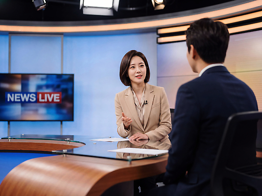 JPG 편집이미지 여자 스튜디오 조명 대화 스크린 뉴스 아나운서 방송 인터뷰 프로그램 의료성형뷰티 뉴스룸 편집실사 AI인물포토 AI콘텐츠 직업 말하기 사람 CG 파일형식 AI포토 모션