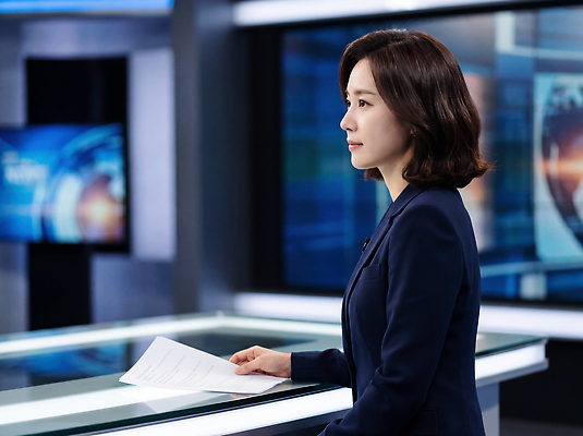 JPG 편집이미지 여자 스튜디오 스크린 자료 정보 뉴스 아나운서 전달 방송 언론 의료성형뷰티 뉴스룸 편집실사 AI인물포토 AI콘텐츠 직업 사람 CG 파일형식 AI포토