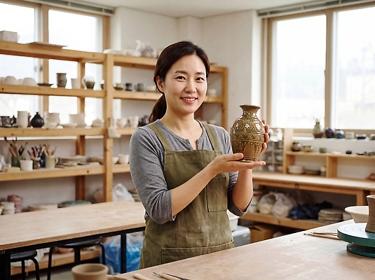 JPG 편집이미지 여자 예술 기술 미소 취미 도구 항아리 도자기 작업실 작품 만들기 점토 의료성형뷰티 편집실사 모션 표정 미술 사람 CG 파일형식 문화예술