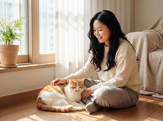 JPG 편집이미지 여자 행복 거실 가족 털 일상 반려동물 귀여움 고양이 포근함 스웨터 창가 의료성형뷰티 쓰다듬기 편집실사 동물 감정 컨셉 상의 창문 포유류 관계 모션 사람 라이프 감각 CG 파일형식 옷 생활