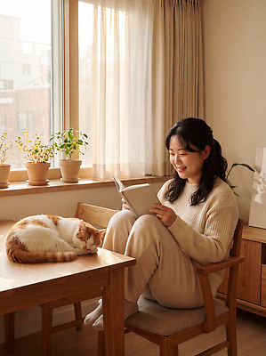 JPG 식물 편집이미지 여자 탁자 일상 책 독서 고양이 편안함 창가 의료성형뷰티 편집실사 가구 창문 포유류 사람 라이프 반려동물 감각 CG 파일형식 동물 생활용품 생활 오브젝트