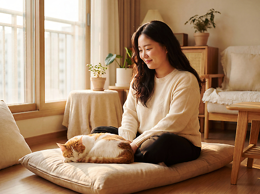 JPG 편집이미지 여자 창문 앉기 일상 생활 반려동물 소파 햇빛 고양이 편안함 의료성형뷰티 편집실사 동물 의자 포유류 모션 사람 라이프 빛 감각 CG 파일형식 가구 생활용품 오브젝트
