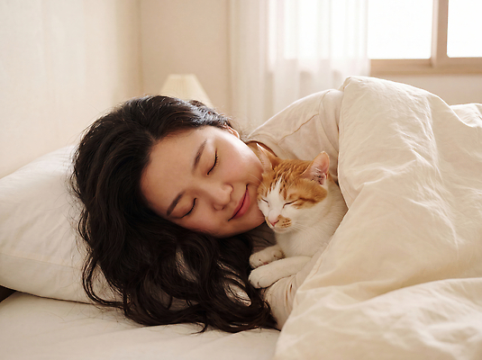 JPG 편집이미지 여자 행복 아침 따뜻함 미소 일상 반려동물 고양이 방 침대 수면 편안함 의료성형뷰티 편집실사 주간 동물 감정 가구 포유류 표정 사람 라이프 감각 CG 파일형식 자연요소 생활용품 생활 오브젝트